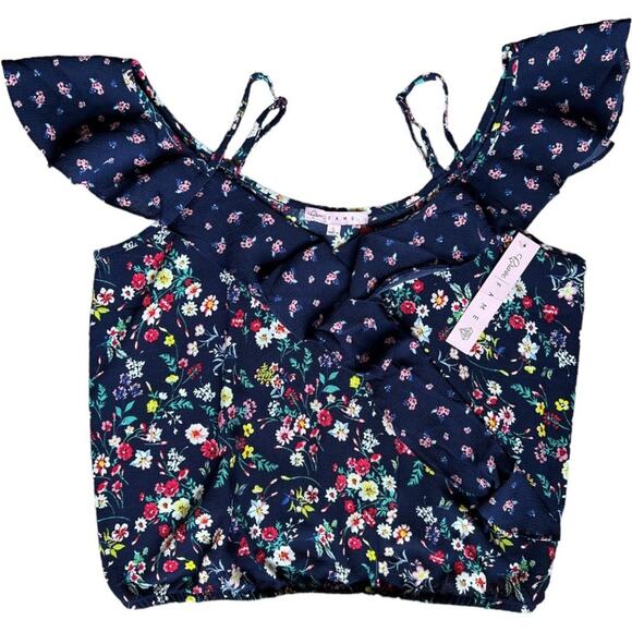 Crave Fame Navy Floral Cold-Shoulder Crop Top, L - Picture 1 of 6